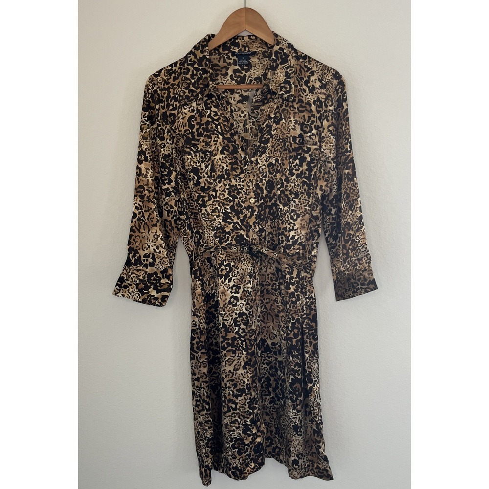 Vtg Boston Proper Leopard Print Silk Shirt Dress Midi Short Sleeve Belted Sz 14